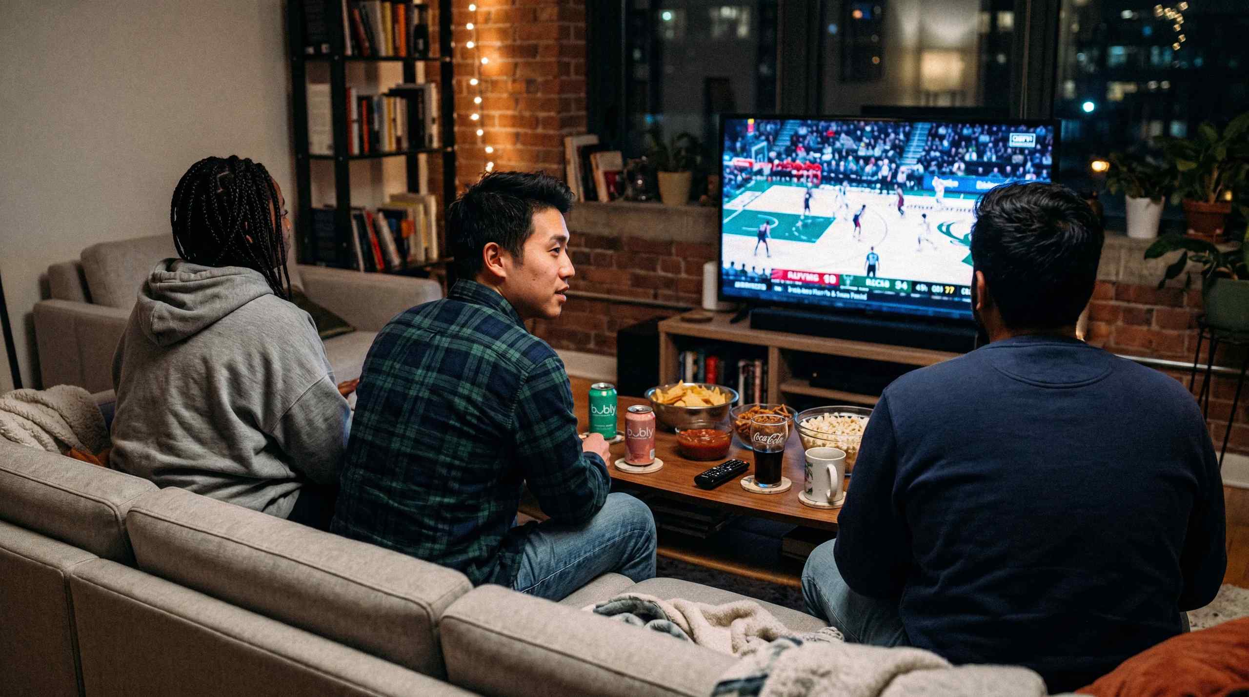 Several friends watching a game at home.